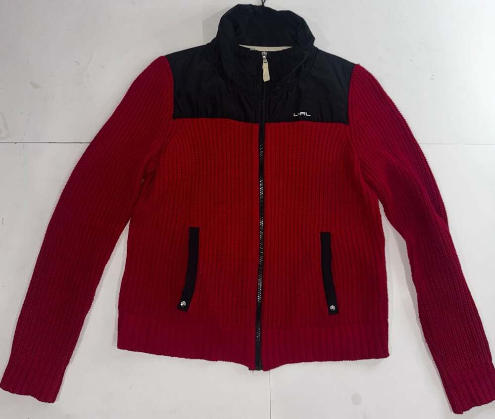Lauren Ralph Lauren Colorblock Red and Black Knit Full Zip Jacket Sweater